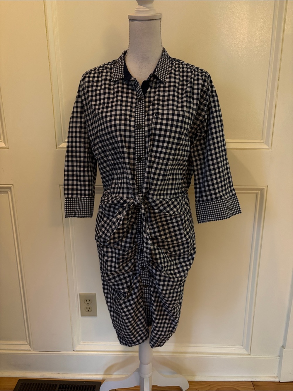 GAP Black and White Gingham Tie-Front Midi Dress